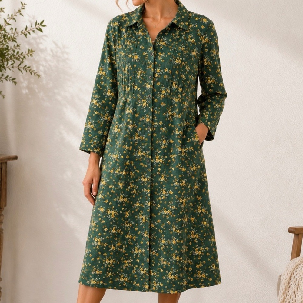 La Cera Green Floral Corduroy Button Front Midi Dress Long Sleeve Pockets Medium